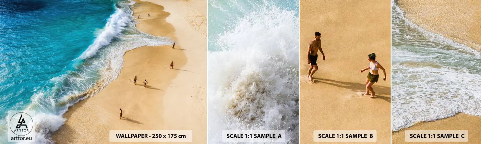 Fotobehang Monster Zelfklevend Deluxe Sticker - En dan de zon, het strand… - Strand, Oceaan kust, Zee - 100x30 cm