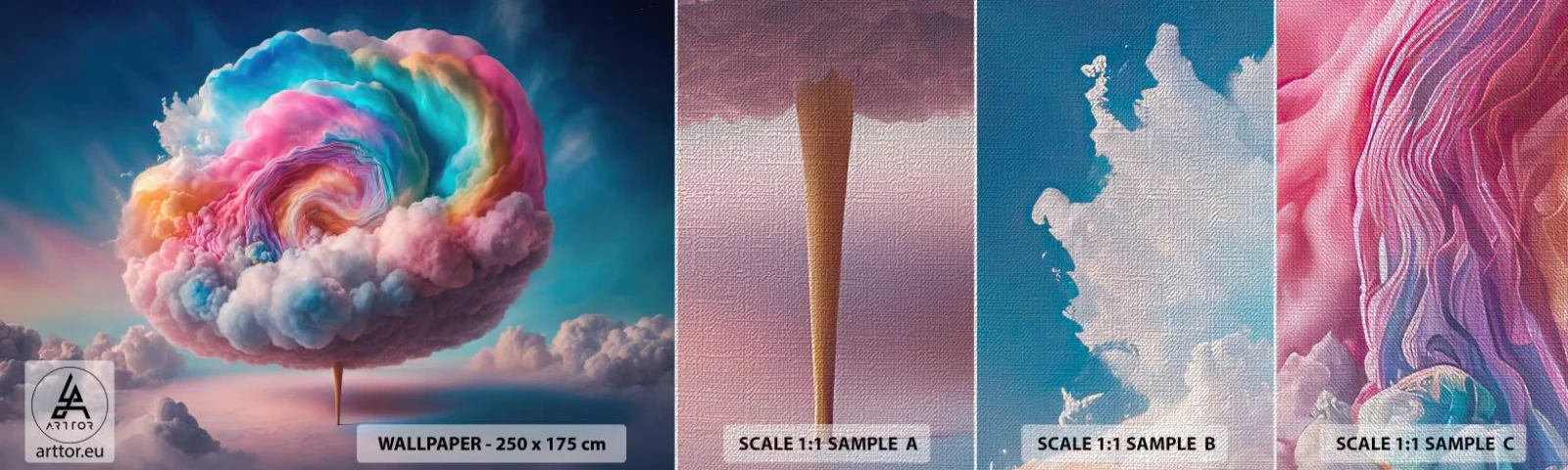 Fotobehang Monster Premium Canvas - De droom van een pretpark - Pastel, Wolken, Suikerachtig - 100x30 cm