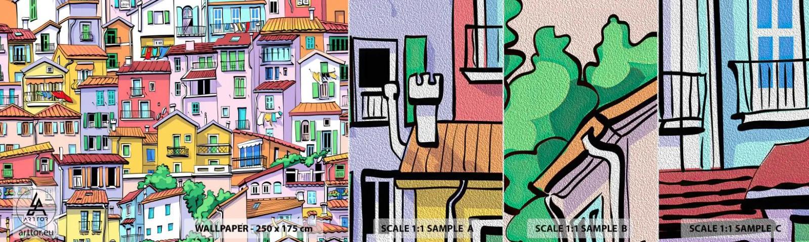 Fotobehang Monster Premium Sand - Vrolijke stad - Stad, Huurkazernes, Huizen - 100x30 cm