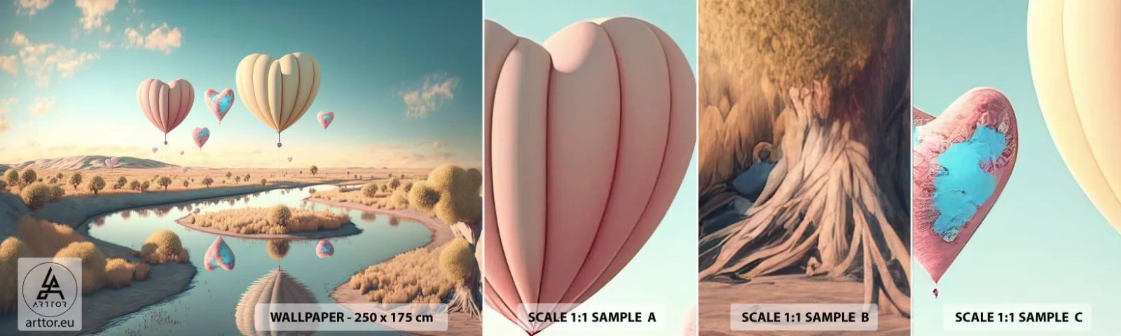 Fotobehang Monster Zelfklevend Deluxe Sticker - Liefde laat je vliegen - Ballonnen, Pastel, Snoep - 100x30 cm