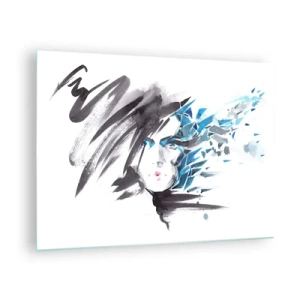 Schilderen op glas - Portret van een vrouw met abstracte blauwe accenten - 70x50cm - Sensueel portret in grijs en blauw - Moderne wanddecoratie voor woonkamer en slaapkamer ARTTOR