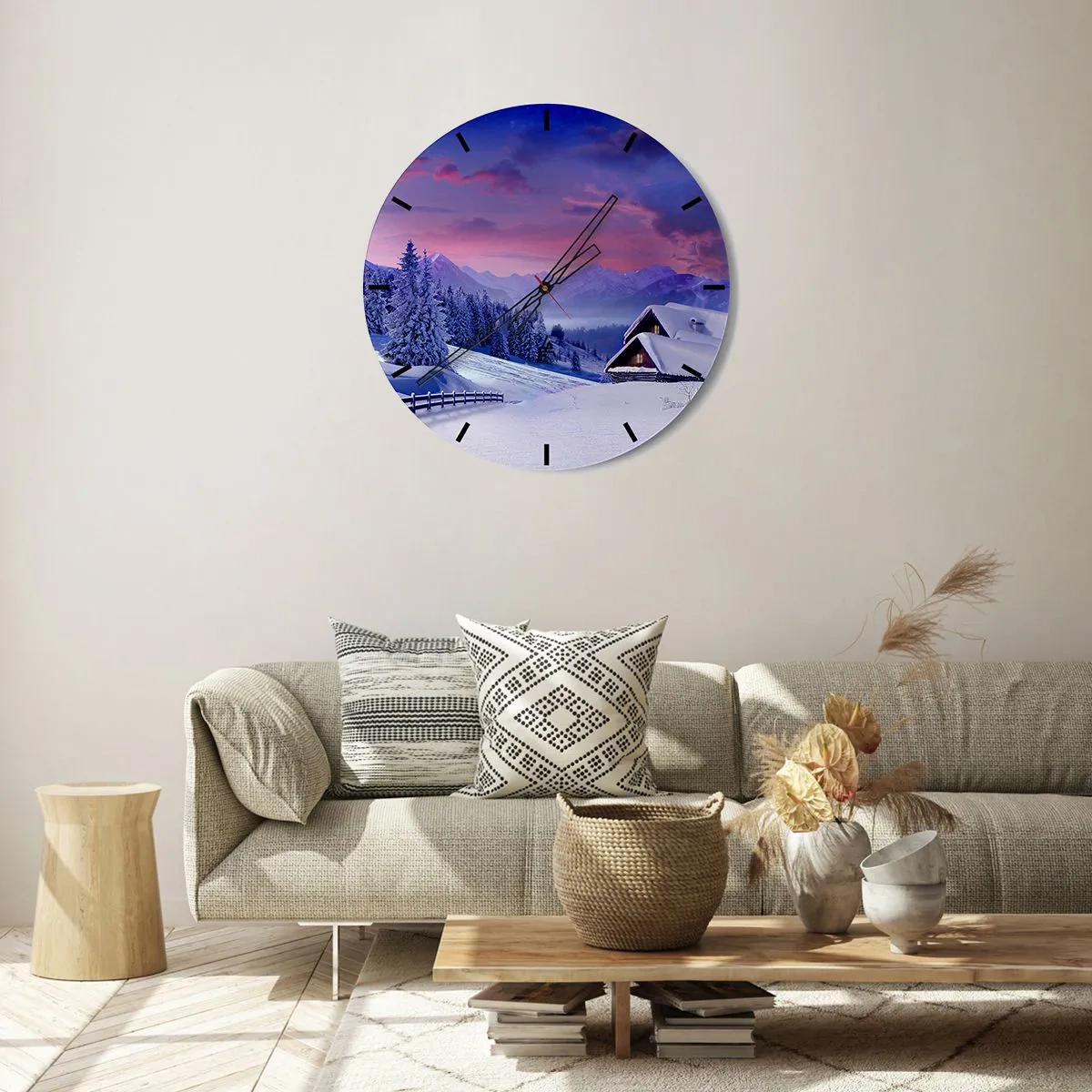 Wandklok - Klok - Winterlandschap met een huisje in de bergen bij zonsondergang - 30x30cm - Stille nacht - Moderne wanddecoratie voor woonkamer, keuken en slaapkamer ARTTOR