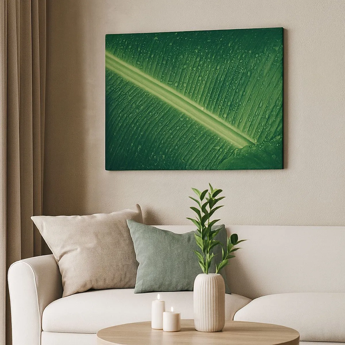 Schilderen op canvas - Een groen blad met waterdruppels op het oppervlak - 70x50cm - De structuur van groen - Moderne wanddecoratie voor woonkamer en slaapkamer ARTTOR