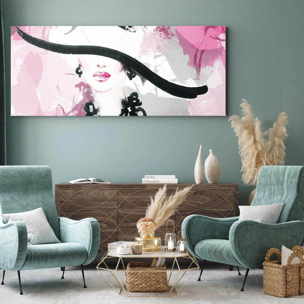 Schilderen op canvas - Portret van een dame in zwart en roze - 100x40 cm