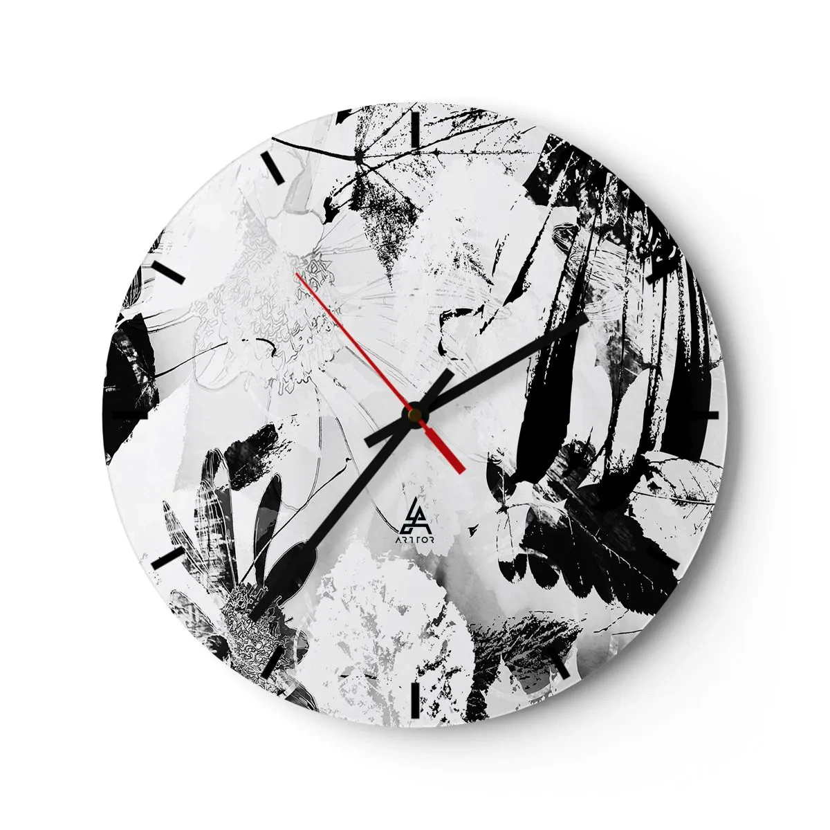 Wandklok - Klok - Zwart-wit bloemen- en bladpatroon in een artistieke stijl - 30x30cm - Herfst in cameralens - Moderne wanddecoratie voor woonkamer, keuken en slaapkamer ARTTOR