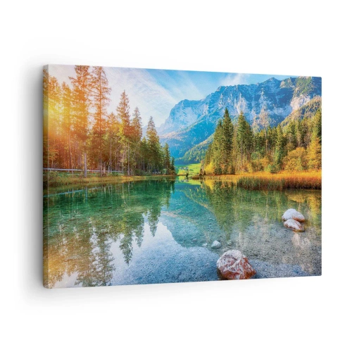 Schilderen op canvas - Een schilderachtig meer omgeven door bergen en bossen - 70x50cm - De zachtheid van de herfst - Moderne wanddecoratie voor woonkamer en slaapkamer ARTTOR