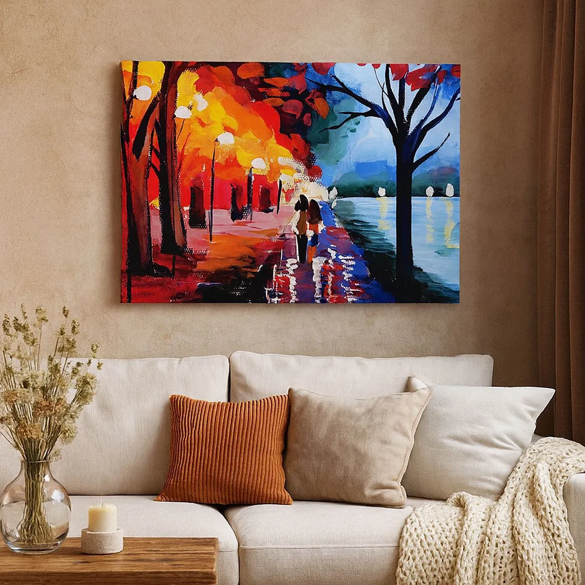 Schilderen op canvas - Een herfstwandeling langs het pad met uitzicht op het water - 70x50cm - Brandende herfst in het park - Moderne wanddecoratie voor woonkamer en slaapkamer ARTTOR