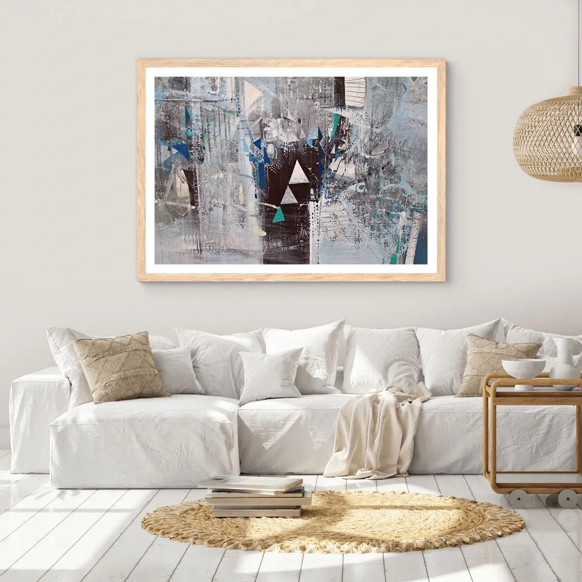 Een poster in een licht eiken lijst - Overschrijvende volgorde van driehoeken - 91x61 cm