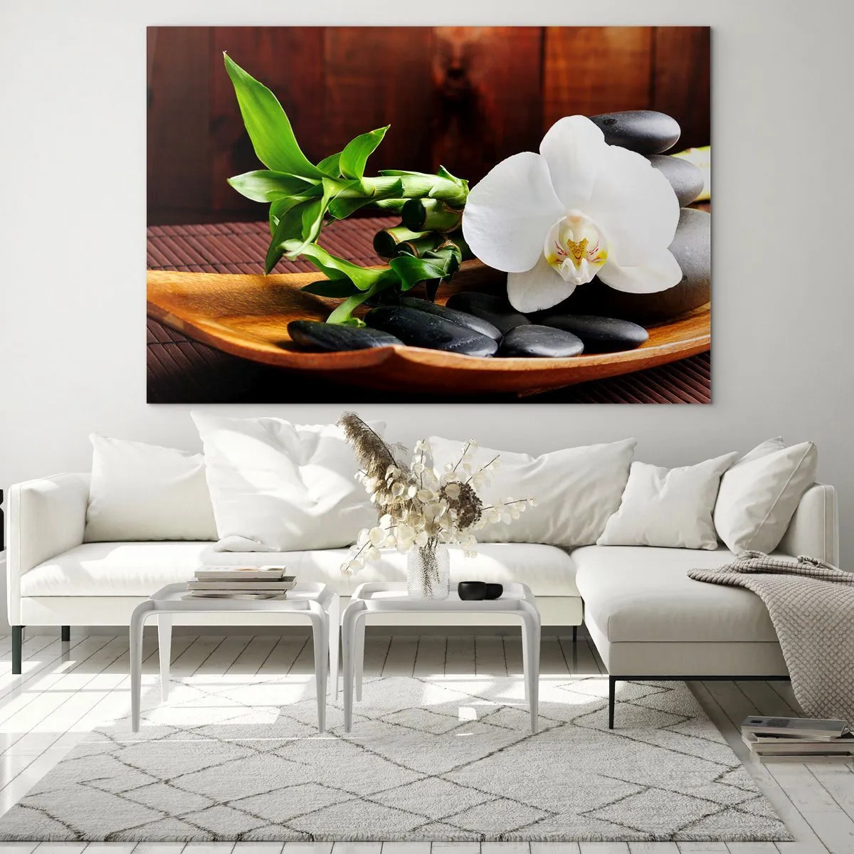 Schilderen op glas - Witte orchidee op zwarte stenen en bamboe in een houten kom - 70x50cm - Geef je over aan de aanraking van de natuur - Moderne wanddecoratie voor woonkamer en slaapkamer ARTTOR