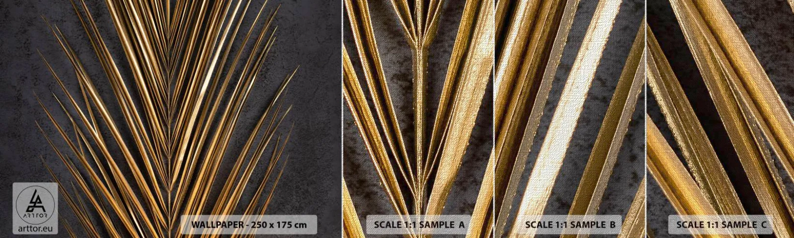 Fotobehang Monster Premium Canvas - Het goud van de tropen - Palmblad, Deel, Abstractie - 100x30 cm