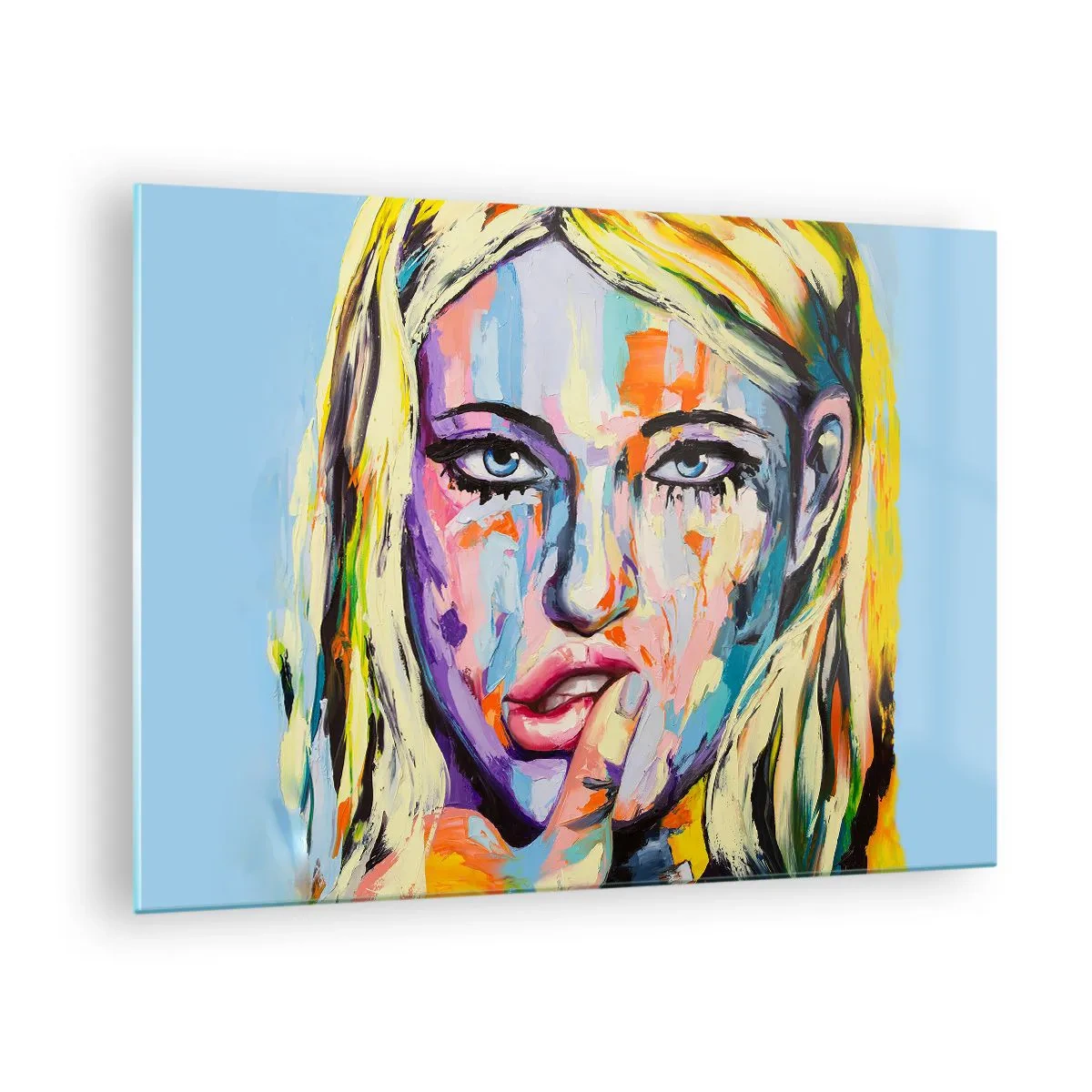 Schilderen op glas - Een kleurrijk portret van een vrouw met een nadenkende uitdrukking - 70x50cm - Kijk haar recht in de ogen - Moderne wanddecoratie voor woonkamer en slaapkamer ARTTOR