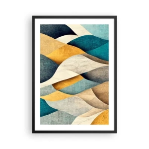 Poster in een zwarte lijst - Een abstracte compositie van golvende vormen in de kleuren goud en blauw. - 50x70cm - Ritme en beweging - Moderne wanddecoratie voor woonkamer en slaapkamer ARTTOR