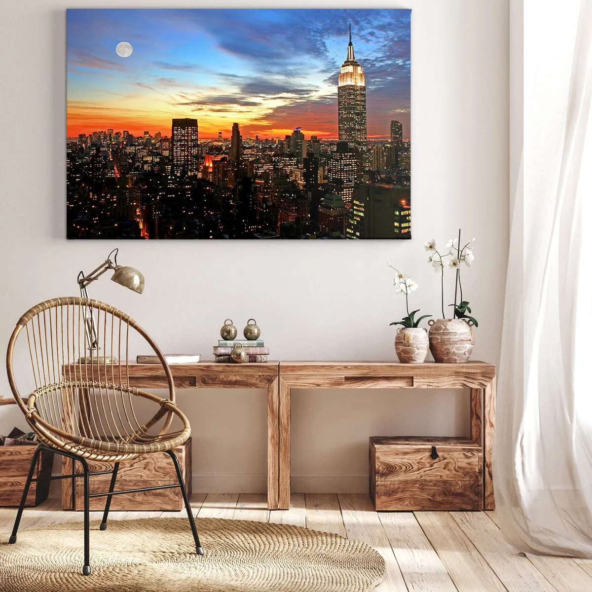 Schilderen op canvas - Stadspanorama met verlichte wolkenkrabbers in de schemering - 70x50cm - Een stralende Amerikaanse nacht - Moderne wanddecoratie voor woonkamer en slaapkamer ARTTOR
