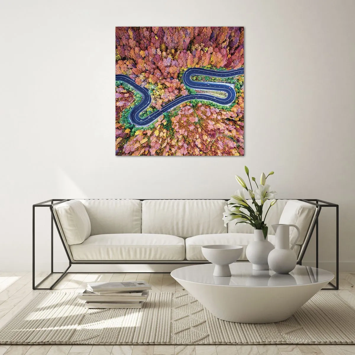 Schilderen op glas - Een kronkelende weg door het bos - 70x70 cm