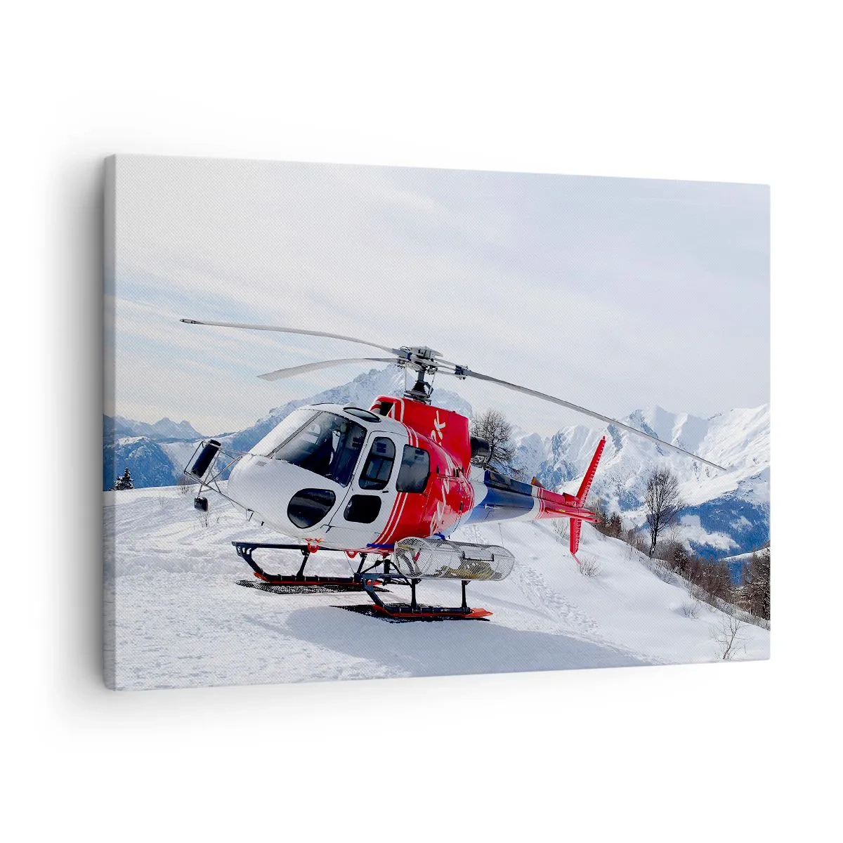Schilderen op canvas - Een rode helikopter tegen een besneeuwd berglandschap. - 70x50cm - Altijd klaar - Moderne wanddecoratie voor woonkamer en slaapkamer ARTTOR