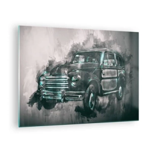Schilderen op glas - Een oude auto in tinten grijs en turquoise - 70x50cm - Geëerde voorouder - Moderne wanddecoratie voor woonkamer en slaapkamer ARTTOR