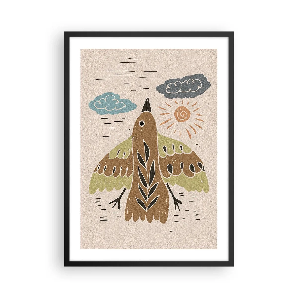 Poster in een zwarte lijst - Een kleurrijke illustratie van een vogel in vlucht, met wolken en de zon op de achtergrond. - 50x70cm - Een vreugdevolle vlucht - Moderne wanddecoratie voor woonkamer en slaapkamer ARTTOR