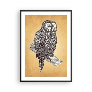 Poster in een zwarte lijst - Een gestileerde uil met een decoratief patroon op een beige achtergrond. - 50x70cm - Ingewikkelde ornamenten van wijsheid - Moderne wanddecoratie voor woonkamer en slaapkamer ARTTOR