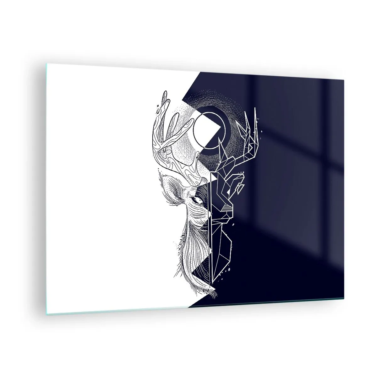 Schilderen op glas - Geometrische tekening van een hert op een zwart-witte achtergrond - 70x50cm - De strijd en de eenheid van tegenstellingen - Moderne wanddecoratie voor woonkamer en slaapkamer ARTTOR