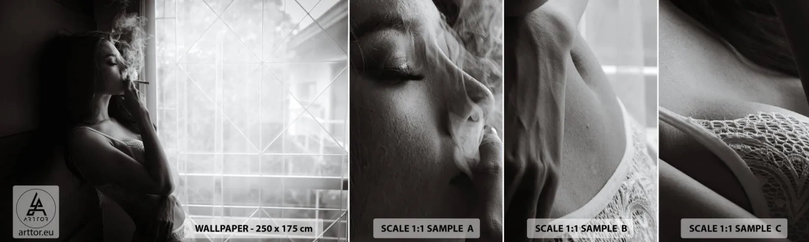 Fotobehang Monster Zelfklevend Deluxe Sticker - Een sensueel moment - Vrouw, Sigaret, Slaapkamer - 100x30 cm