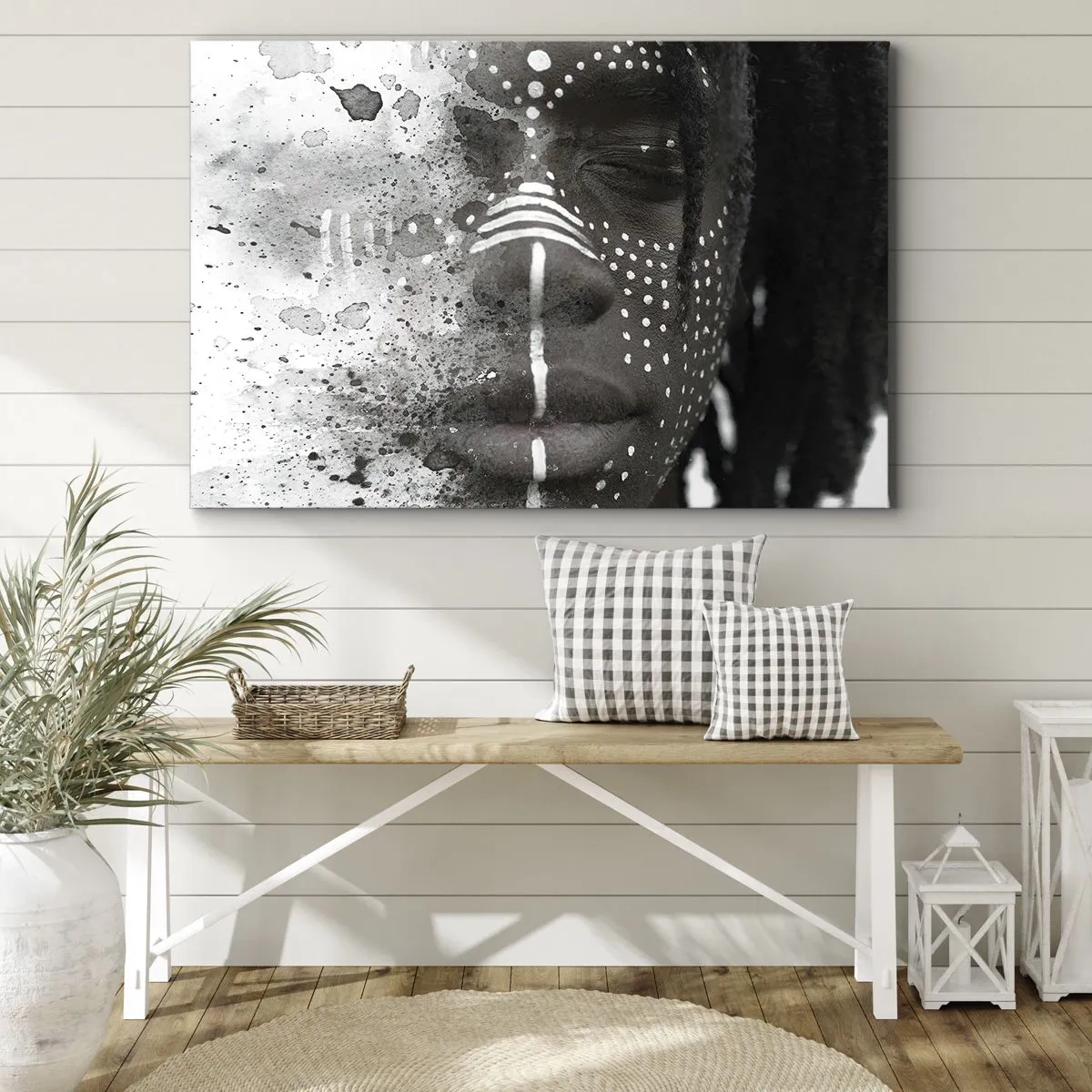 Schilderen op canvas - Artistiek gezichtsportret met abstracte witte patronen - 70x50cm - Ontdek de oergeest - Moderne wanddecoratie voor woonkamer en slaapkamer ARTTOR