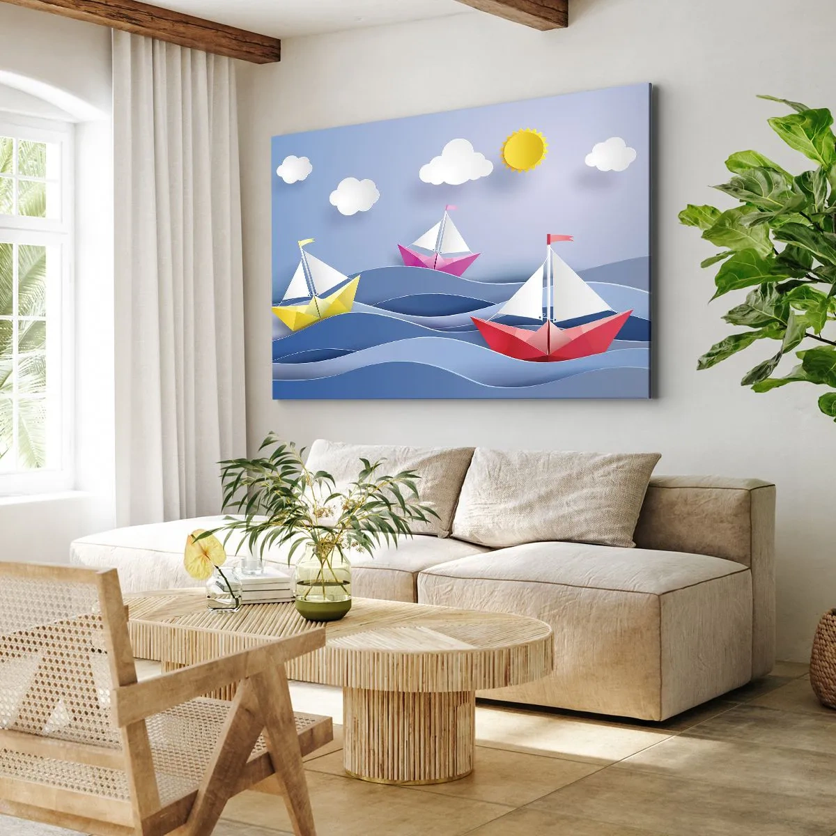 Schilderen op canvas - Kleurrijke zeilboten op de golven op een zonnige dag - 70x50cm - Ah, wat is het heerlijk om in de golven te schommelen - Moderne wanddecoratie voor woonkamer en slaapkamer ARTTOR