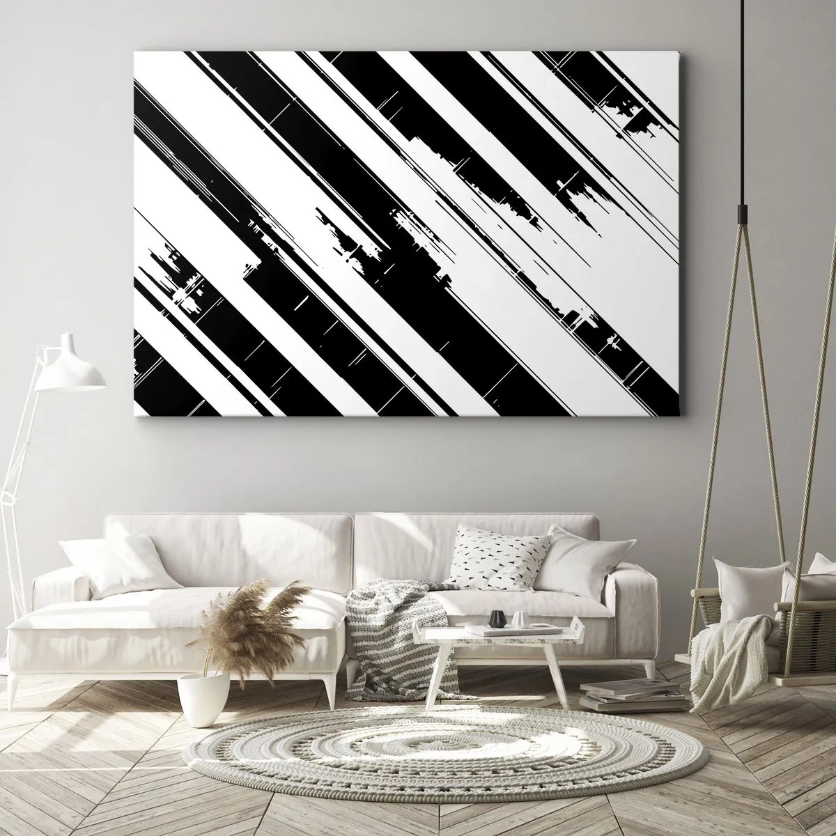 Schilderen op canvas - Zwart-witte lijnen en geometrische patronen in een moderne stijl - 70x50cm - Een intense en dynamische compositie - Moderne wanddecoratie voor woonkamer en slaapkamer ARTTOR