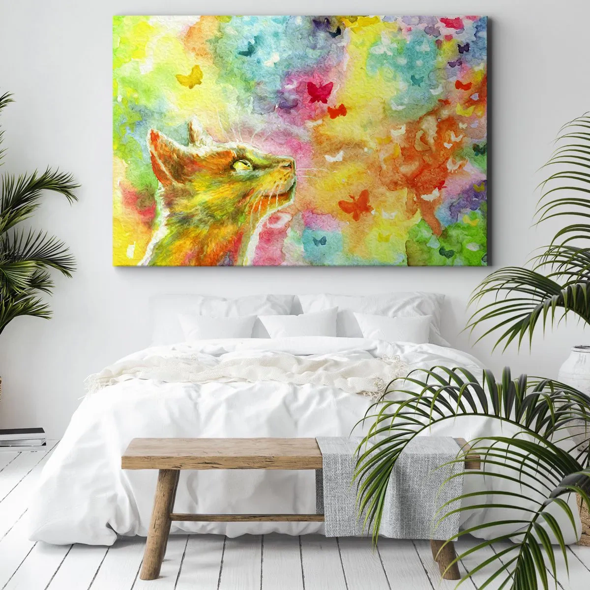 Schilderen op canvas - Een kat omringd door kleurrijke vlinders - 70x50cm - Baju-baju in het kattenparadijs - Moderne wanddecoratie voor woonkamer en slaapkamer ARTTOR