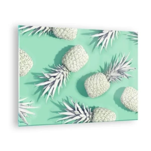Schilderen op glas - Witte ananas op een muntachtergrond in een artistieke compositie - 70x50cm - Het gaat goed met munt - Moderne wanddecoratie voor woonkamer en slaapkamer ARTTOR