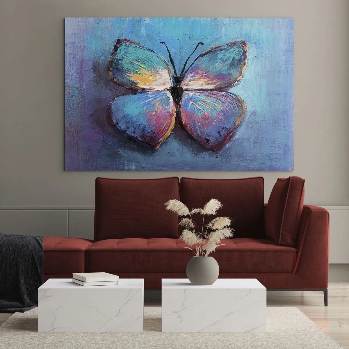 Schilderen op glas - Een kleurrijke vlinder tegen een achtergrond van abstracte kleuren in tinten blauw en paars. - 70x50cm - In al zijn glorie - Moderne wanddecoratie voor woonkamer en slaapkamer ARTTOR