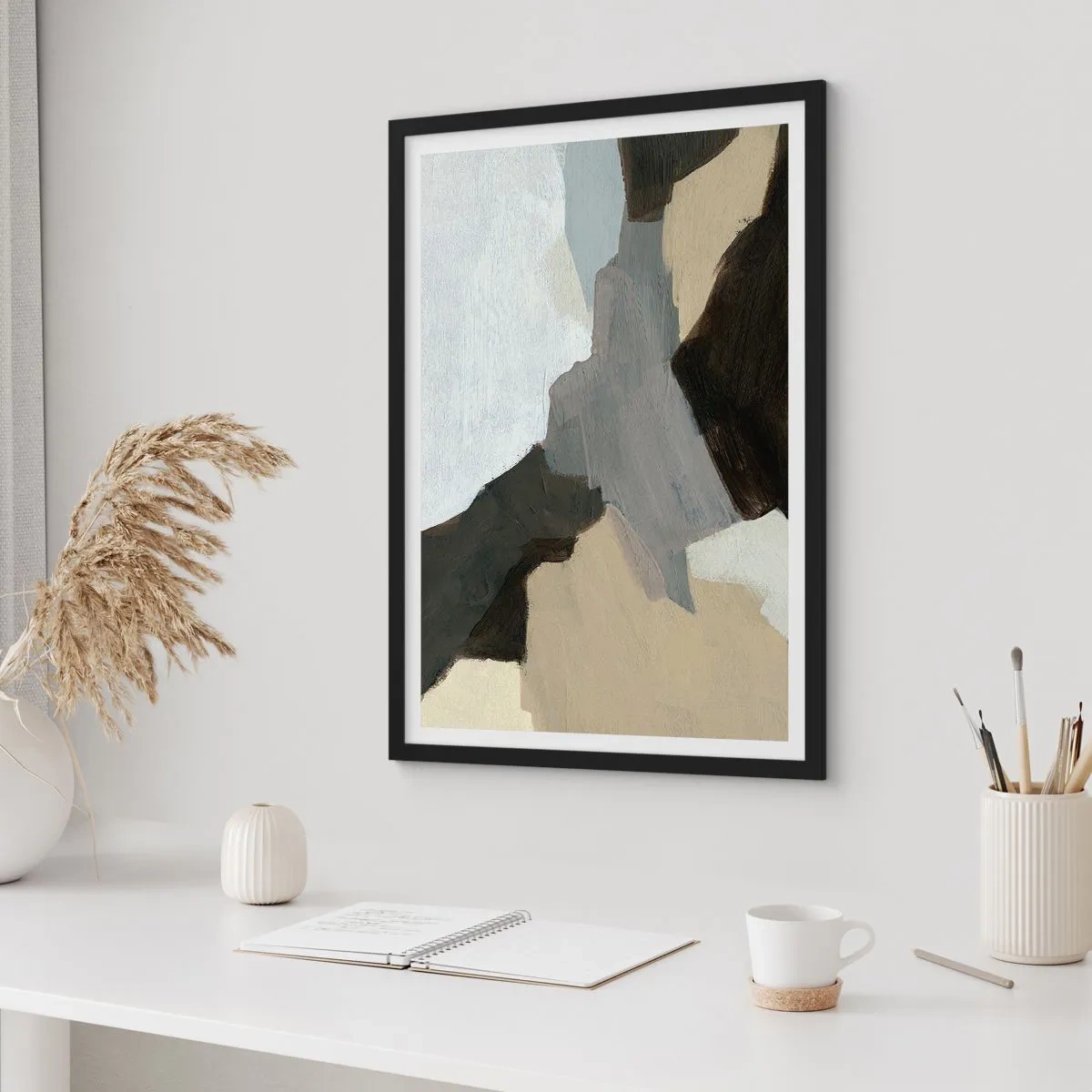 Poster in een zwarte lijst - Abstractie: het kruispunt van grijs - 70x100 cm