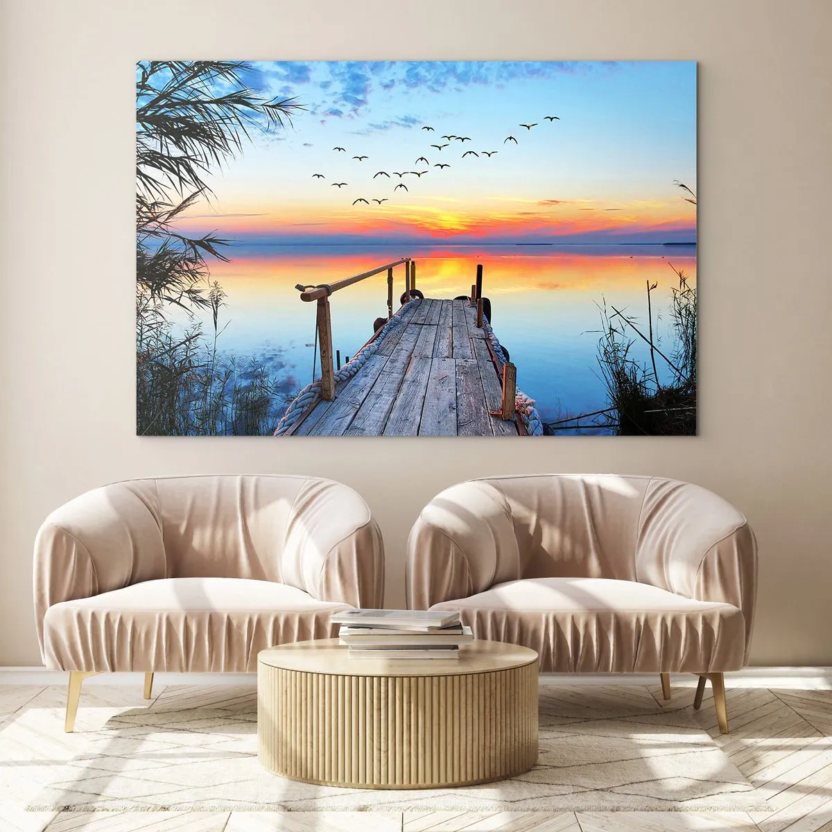 Schilderen op glas - Een houten steiger boven een meer bij zonsondergang met een zwerm vogels erboven - 70x50cm - Het is tijd om terug te gaan... - Moderne wanddecoratie voor woonkamer en slaapkamer ARTTOR