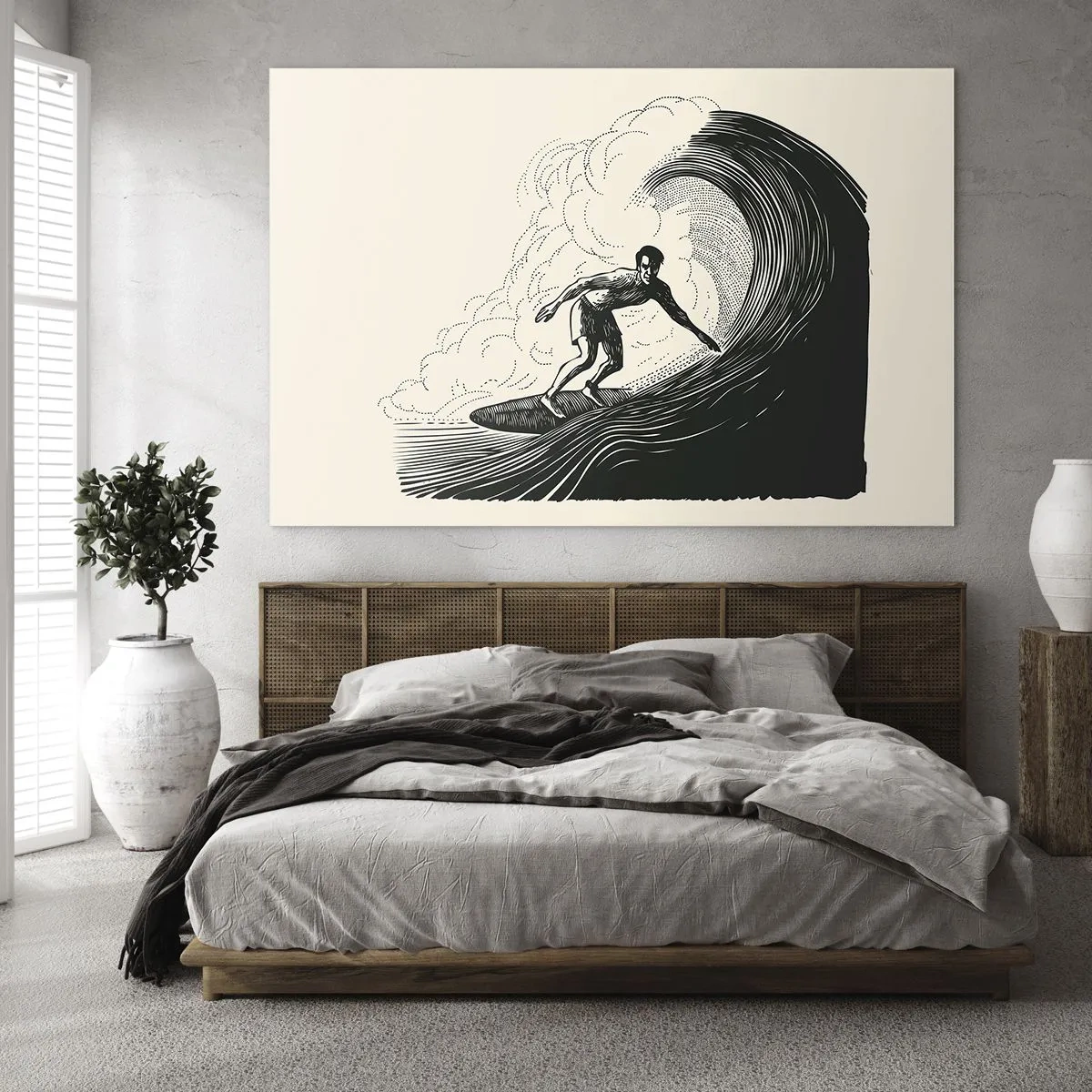 Schilderen op glas - Surfer rijdt op een hoge golf in een retro-tekenstijl - 70x50cm - Koning van de golf - Moderne wanddecoratie voor woonkamer en slaapkamer ARTTOR
