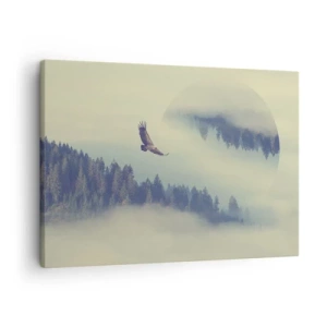 Schilderen op canvas - Een adelaar in vlucht tegen een achtergrond van mistige bergen met een artistiek cirkelvormig motief - 70x50cm - Ik zag de schaduw van een adelaar - Moderne wanddecoratie voor woonkamer en slaapkamer ARTTOR