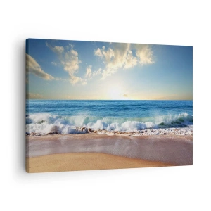 Schilderen op canvas - Een zonnig strand met golven die tegen de kust beuken - 70x50cm - Beweging en stilte tegelijk - Moderne wanddecoratie voor woonkamer en slaapkamer ARTTOR