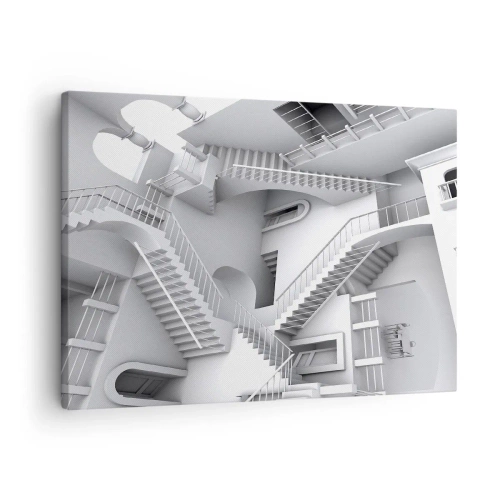Schilderen op canvas - Een abstracte compositie van trappen in een surrealistische ruimtelijke indeling - 70x50cm - De paradoxen van de ruimte - Moderne wanddecoratie voor woonkamer en slaapkamer ARTTOR