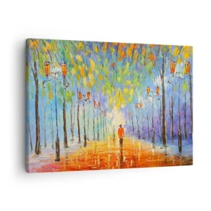 Schilderen op canvas - Een pittoreske wandeling tussen de lantaarns op een regenachtige avond - 70x50cm - Nachtlied van regen - Moderne wanddecoratie voor woonkamer en slaapkamer ARTTOR