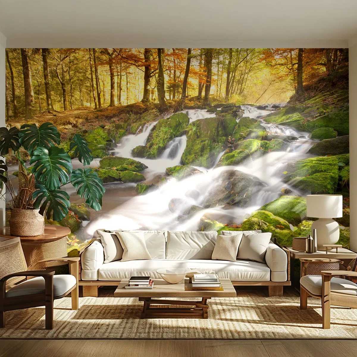 Fotobehang Premium Sand - Snel door het herfstbos - Landschap, Woud, Berg rivier - 100x70 cm