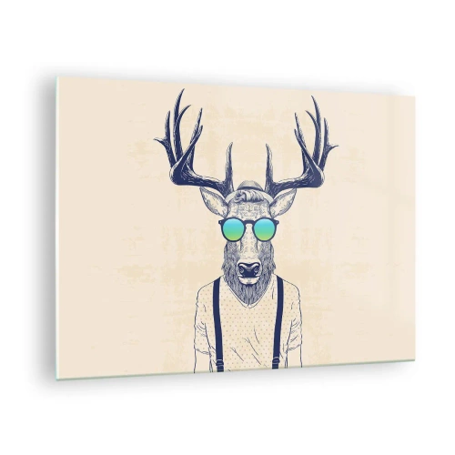 Schilderen op glas - Een elegant hert met een zonnebril op een lichte achtergrond - 70x50cm - Wie had je verwacht? - Moderne wanddecoratie voor woonkamer en slaapkamer ARTTOR