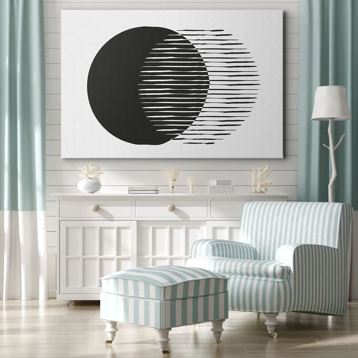 Schilderen op canvas - Twee overlappende cirkels met zwarte en witte lijnen - 70x50cm - Zijn alter ego - Moderne wanddecoratie voor woonkamer en slaapkamer ARTTOR