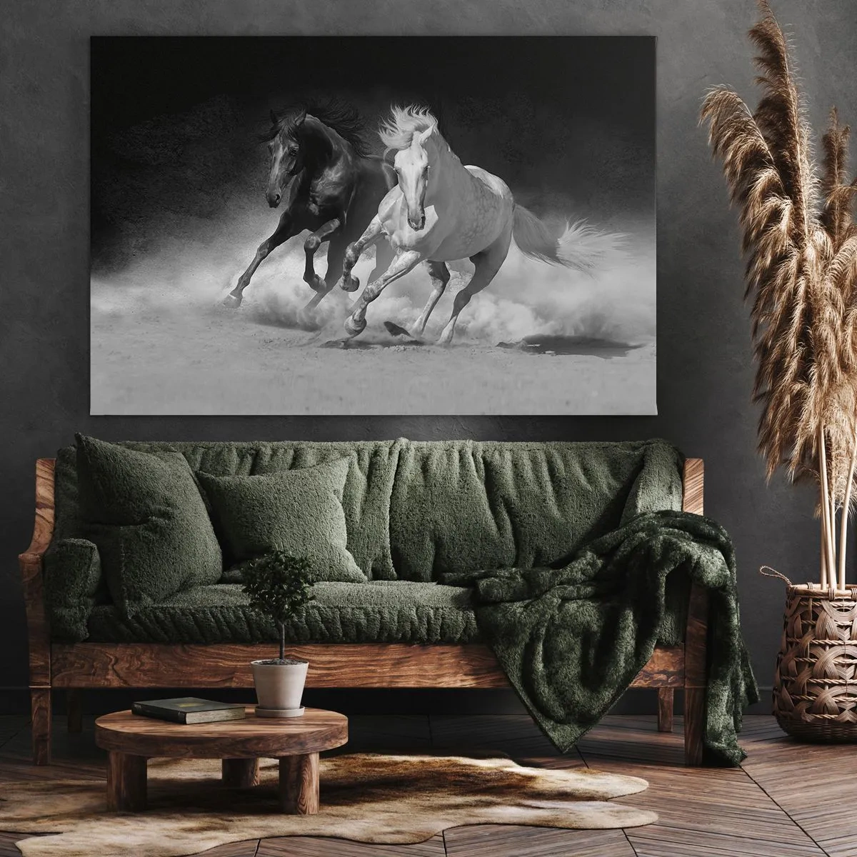 Schilderen op canvas - Rennende paarden in zwart-wit - 70x50cm - Vrijheidsgalop - Moderne wanddecoratie voor woonkamer en slaapkamer ARTTOR