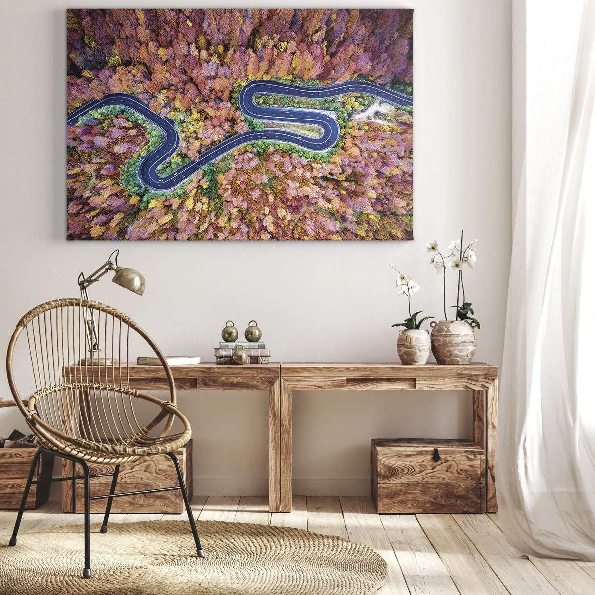 Schilderen op canvas - Een kronkelende weg in een herfstbos gezien vanuit vogelperspectief - 70x50cm - Een kronkelende weg door het bos - Moderne wanddecoratie voor woonkamer en slaapkamer ARTTOR