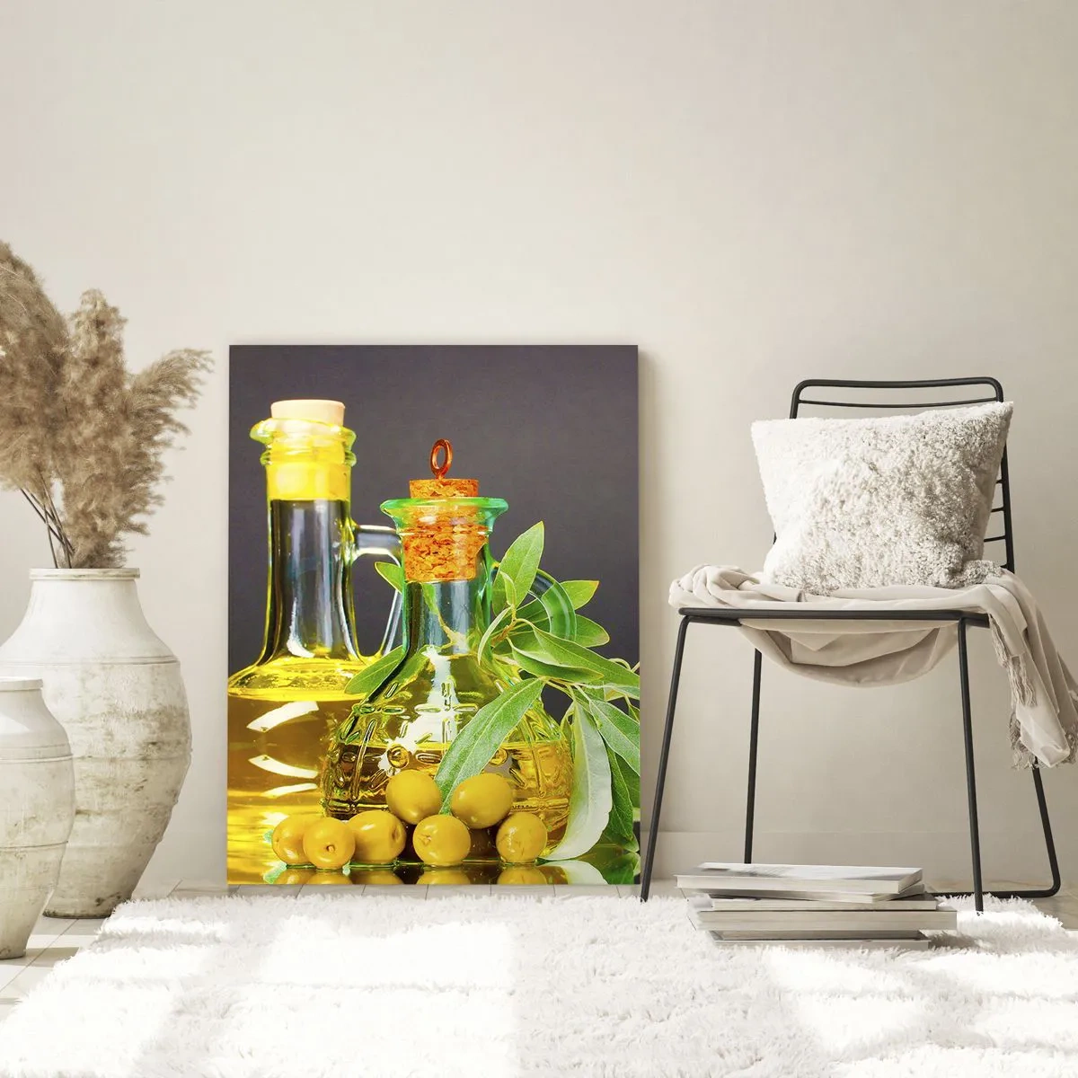 Schilderen op glas - Stilleven met olijven en olijfolie - 70x100 cm