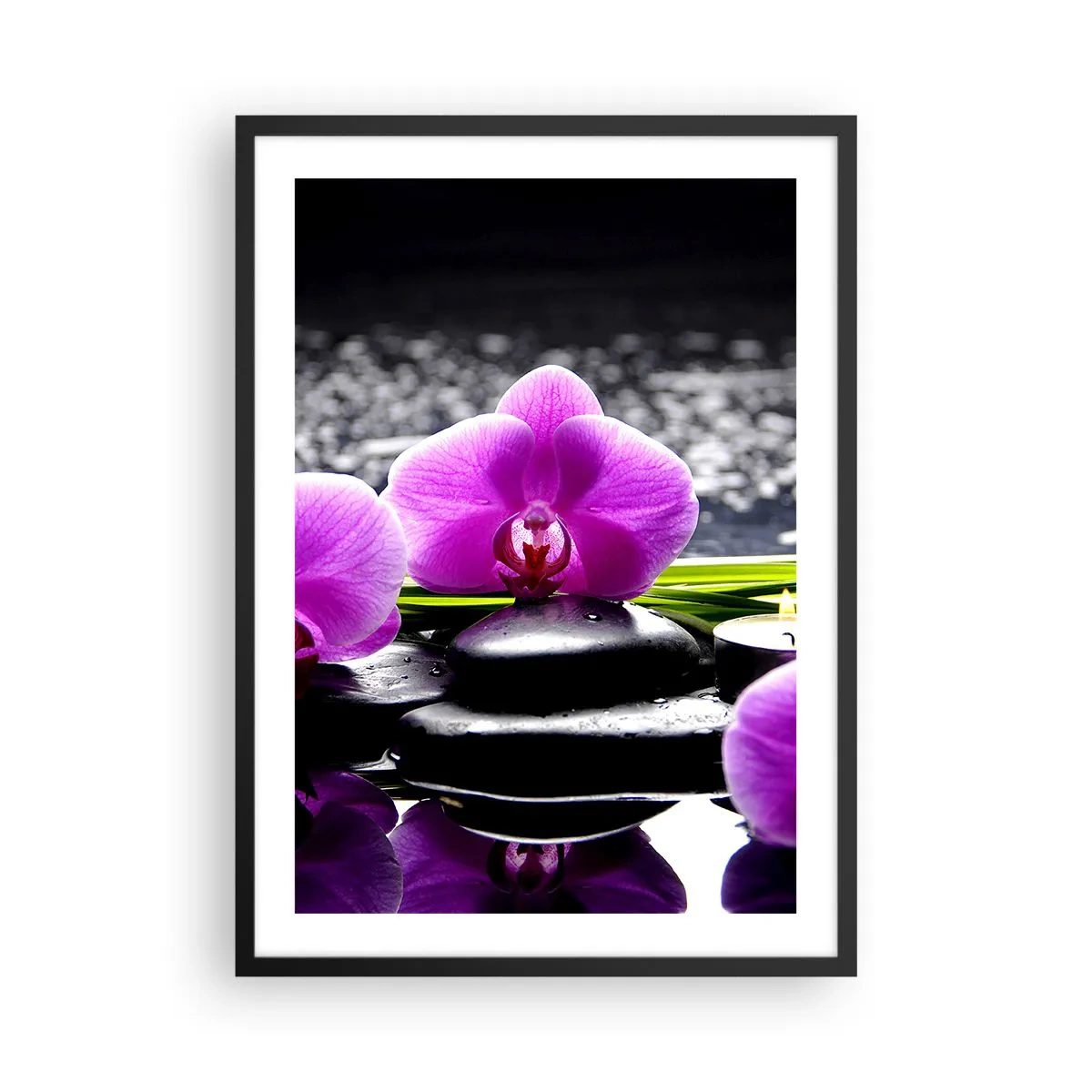 Poster in een zwarte lijst - Een paarse orchidee tegen een achtergrond van stenen en water in een spa-achtige omgeving - 50x70cm - Verdrinken in rust en stilte - Moderne wanddecoratie voor woonkamer en slaapkamer ARTTOR