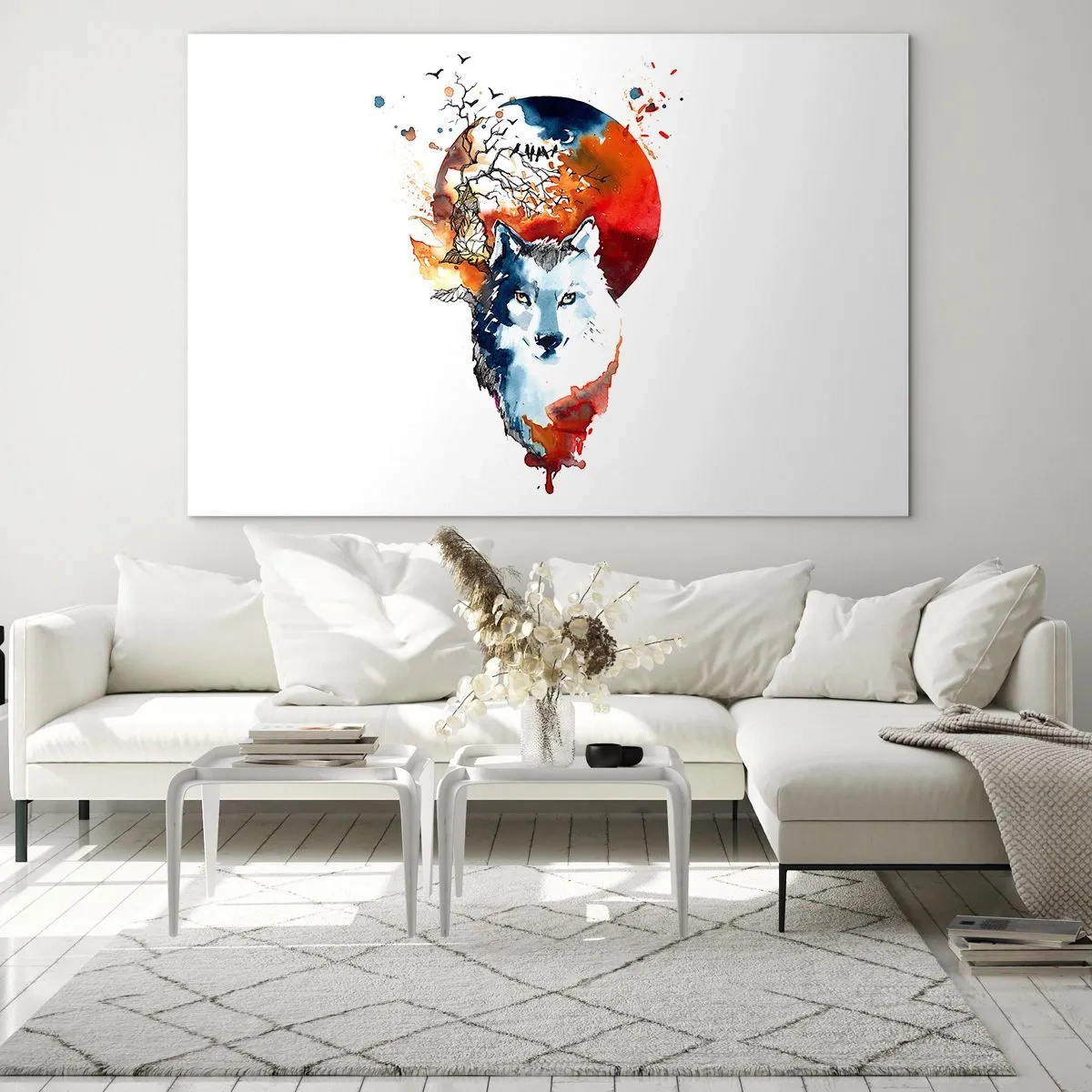 Schilderen op glas - Illustratie van een wolf met een volle maan op de achtergrond - 70x50cm - Neus aan neus met de nacht - Moderne wanddecoratie voor woonkamer en slaapkamer ARTTOR