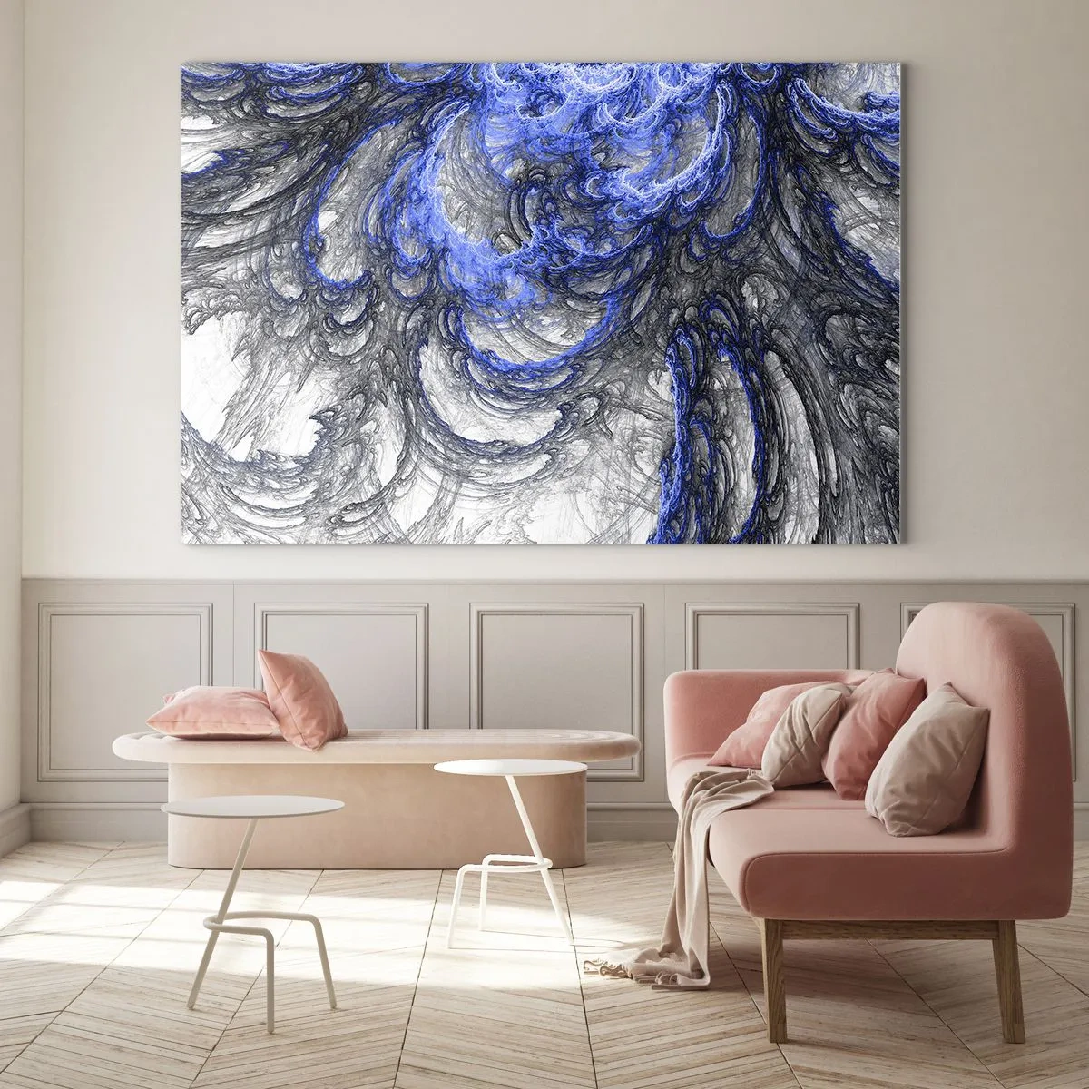 Schilderen op glas - Dynamische abstractie in tinten blauw en grijs - 70x50cm - De geboorte van een golf - Moderne wanddecoratie voor woonkamer en slaapkamer ARTTOR