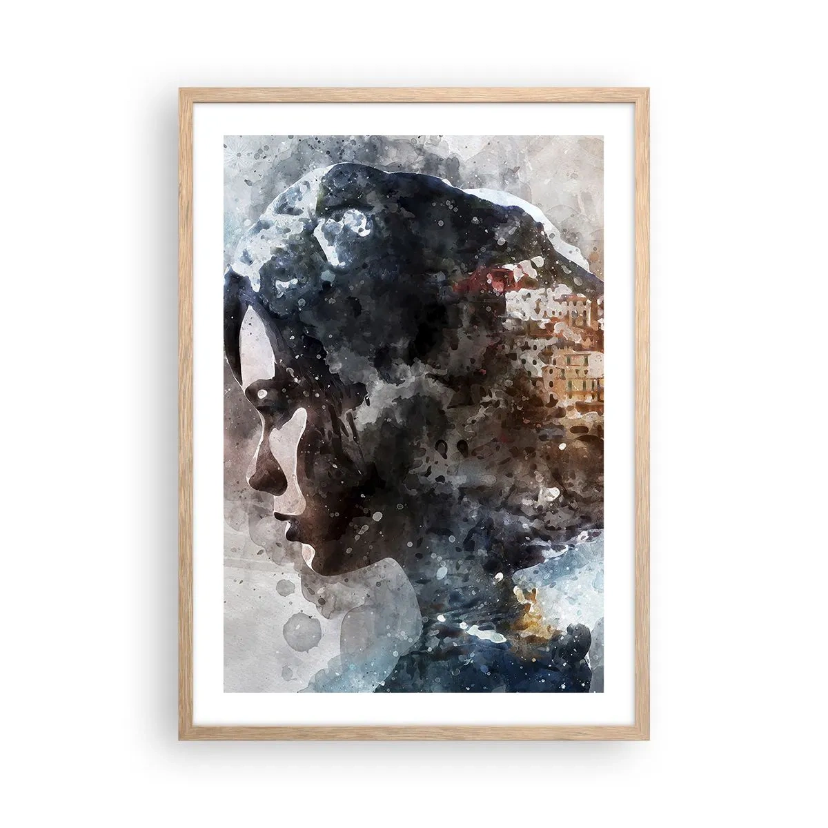 Een poster in een licht eiken lijst - Een verhaal over een meisje met een stad op de achtergrond - 50x70 cm