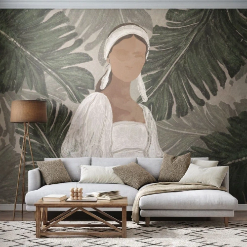 Fotobehang Premium Sand - Exotisch portret - Boho, Vrouw, Bladeren - 150x105 cm
