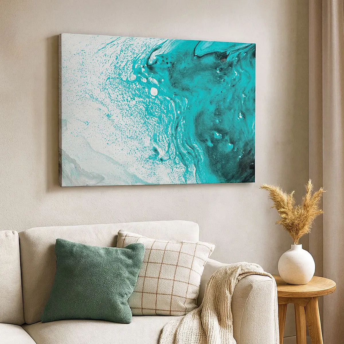 Schilderen op canvas - Abstracte compositie in turquoise tinten op een witte achtergrond - 70x50cm - Versmelten in wit en turkoois - Moderne wanddecoratie voor woonkamer en slaapkamer ARTTOR