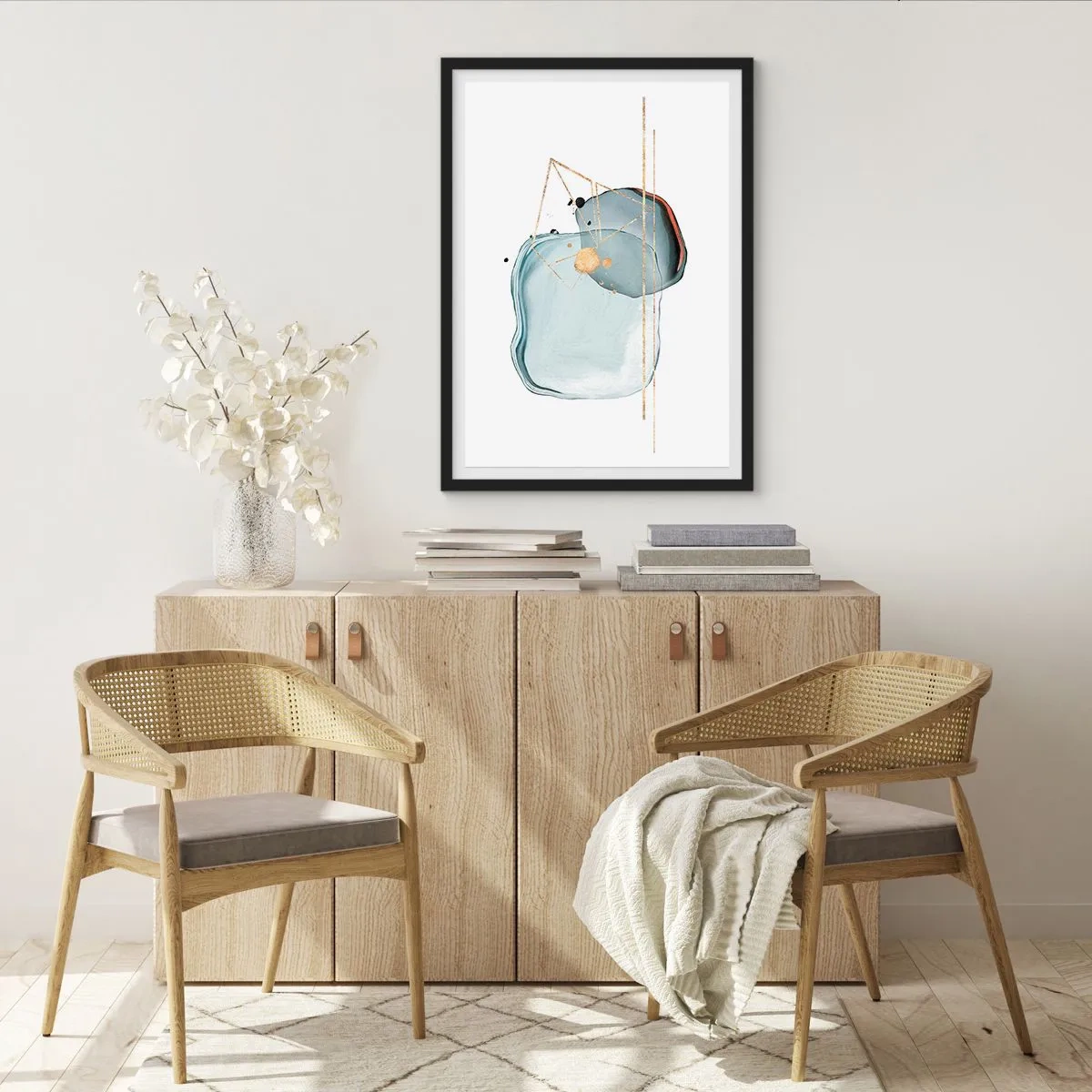 Poster in een zwarte lijst - Abstracte aquarelcompositie met een geometrisch goudpatroon - 50x70cm - Een studie van druppels - Moderne wanddecoratie voor woonkamer en slaapkamer ARTTOR